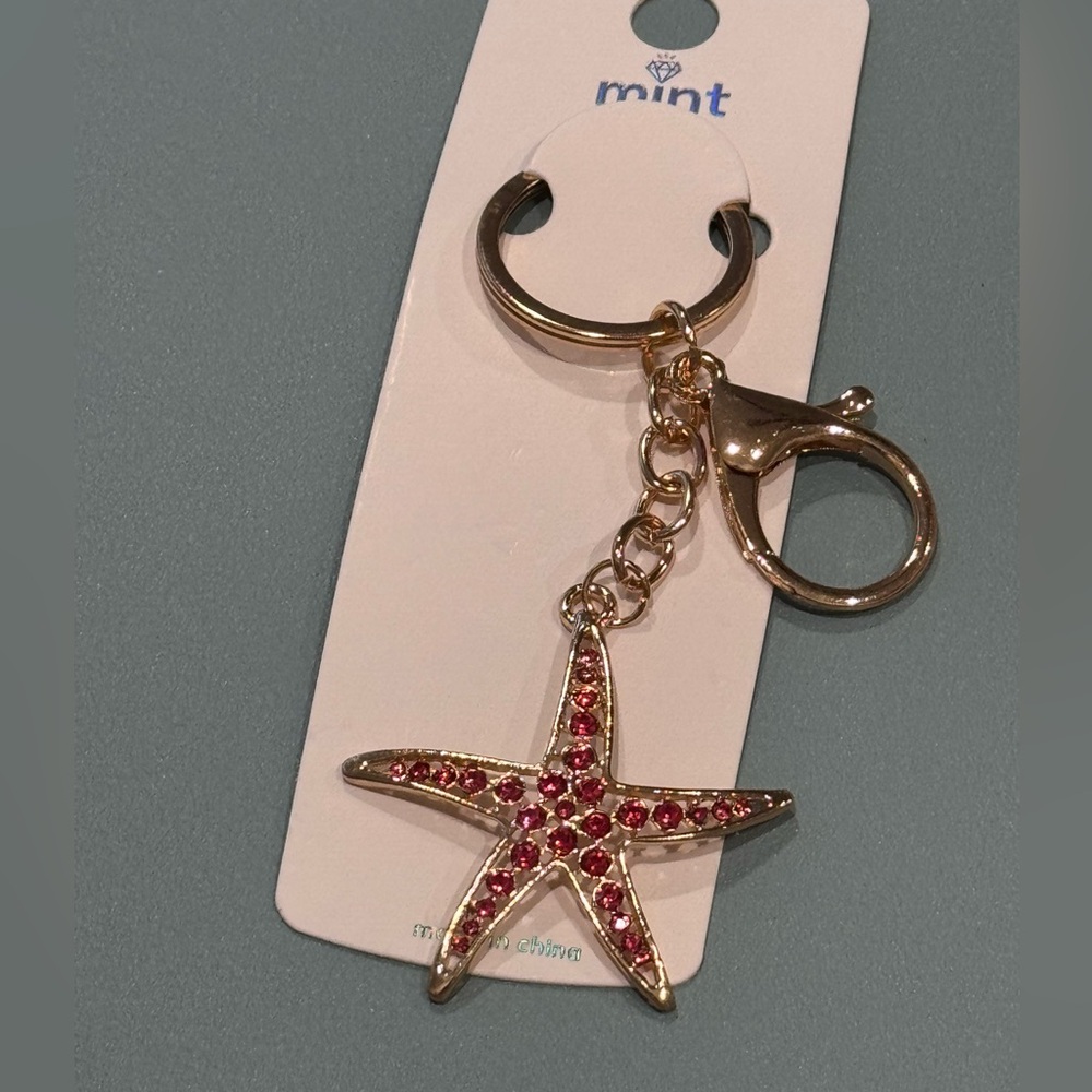 BAG CHARM Mint Starfish Keychain -Sparkly Crystal Sea Star Keyring Pink & Gold